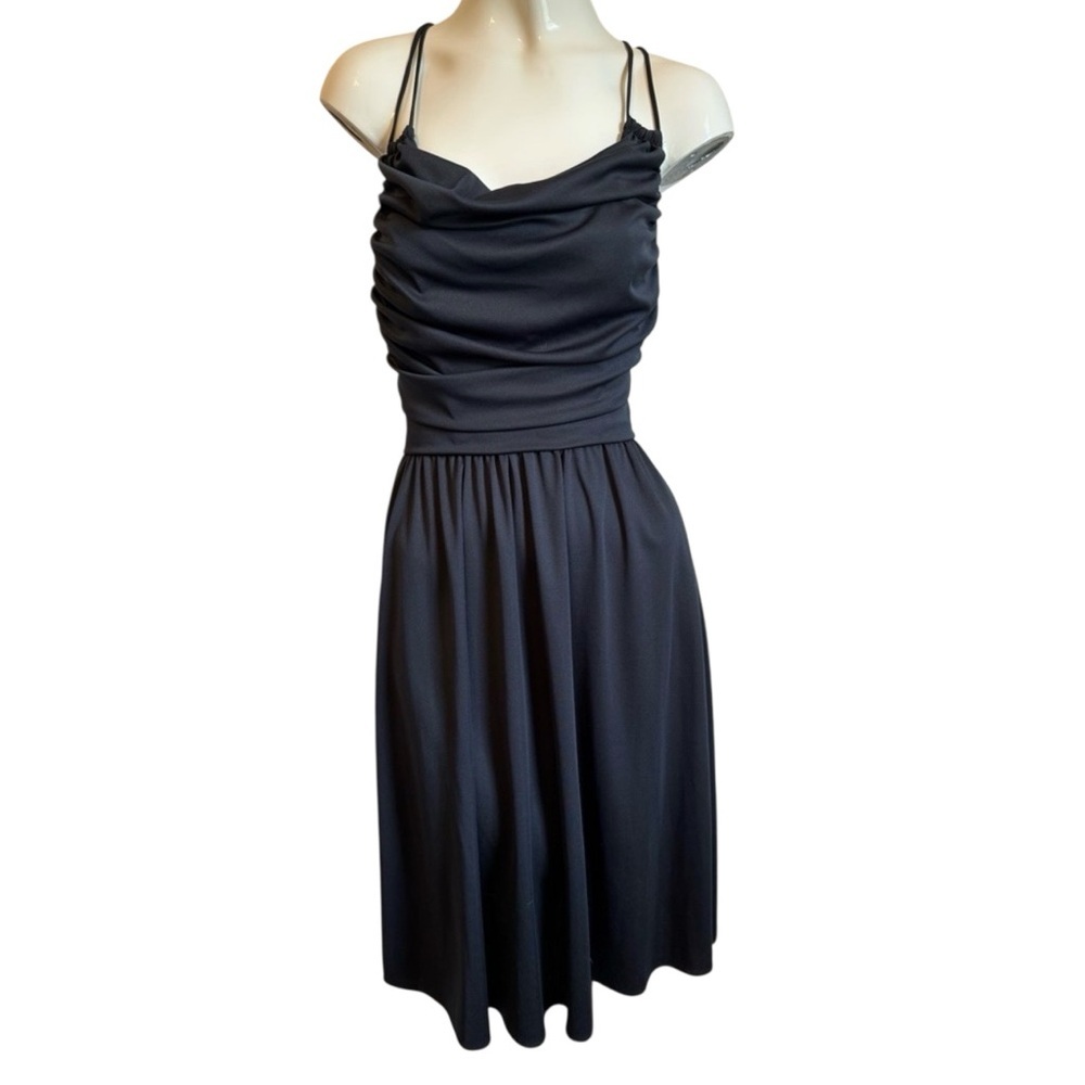 Bedford Fair Black Ruched Cowl Neck Midi Dress Size 4, strappy back